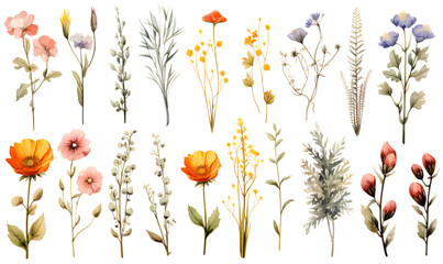 Set of watercolor dry field plants on transparent background