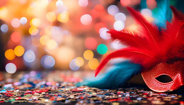 k&ouml;ln, karneval, rosenmontag, banner, copy space, textfreiraum, gestalten, poster, maske, kostuum, niemand, alaaf, k&ouml;lle, veder, konfetti, mit, bokeh, leuchtend, bunt, vibrant, farben, farbe, ad, 3d
