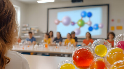 Students join a chemistry workshop, observing colorful molecular models