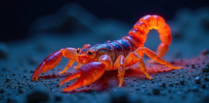 Scorpion Buthus occitanus glowing in the sand with UV light, glow, arid