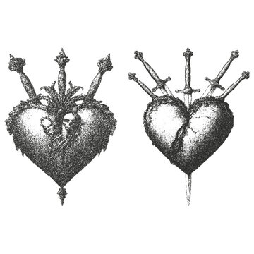 Two hearts pierced by daggers and blades. Gothic, rock, metal style.  Fine stippled effect. dot effect. Vintage look. Quality resource for any project. 