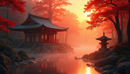 Obraz premium Serene Japanese temple at sunset with autumn foliage