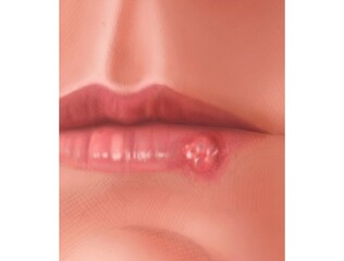 anatomical illustration closeup of mouth with oral herpes - cold sore