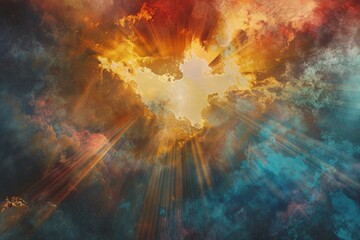 Fototapeta premium Golden rays of light burst through dramatic clouds, creating a breathtaking celestial scene. A view from below shows the vibrant colors and texture of the clouds.