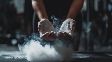 Hands Covered in White Chalk with a Dramatic Cloud of Dust