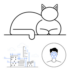 Cat lying in a minimalist line style, high-rise city buildings with blue scaffolding, and a facial recognition grid on a human face. Ideal for technology, modern design, AI concepts, architecture