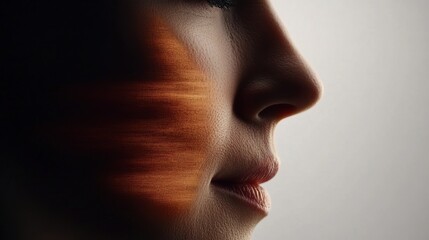 Close-up of female face with artistic orange texture overlay on cheek