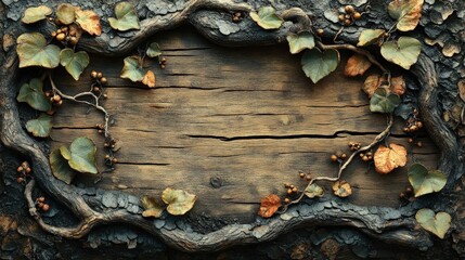 Wooden background, autumn leaves, vine frame.