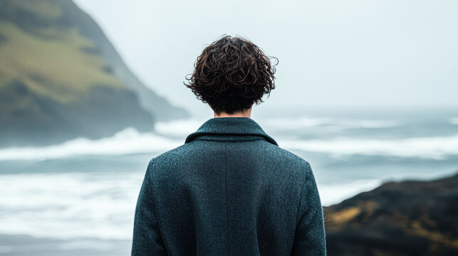 A man stands on a beach with his back to the camera