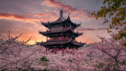 Fototapeta premium A peaceful Chinese pagoda under a colorful sunset sky. 