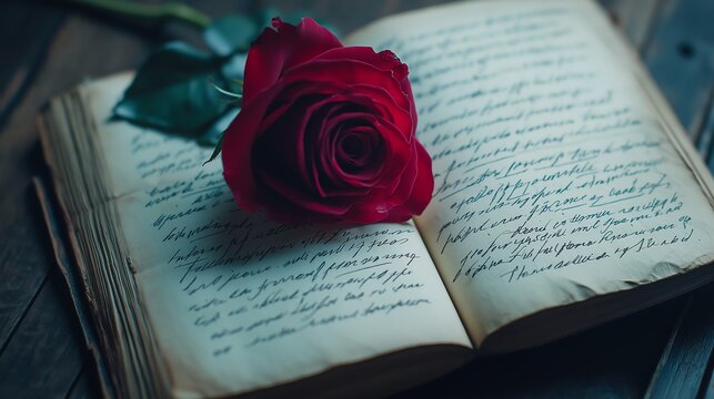 A vibrant red rose resting on a vintage, open book filled with handwritten text.