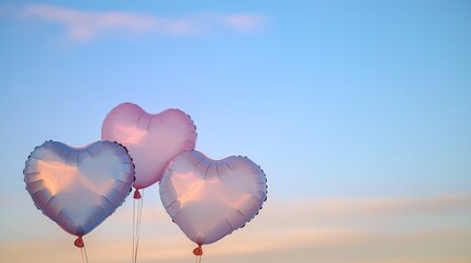 Obraz premium Three heart-shaped balloons floating against a serene blue sky at sunset.