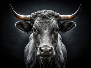 Naklejka premium Striking black and white minimalist bull head art print; powerful, modern, abstract animal portrait.