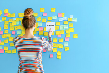 A woman is pointing at a wall covered in sticky notes