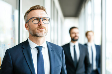 Naklejka premium Three men in suits are standing in front of a window