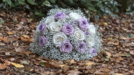 elegant bridal bouquet made of purple statice, combined with white roses and baby's breath for a delicate look. Statice 