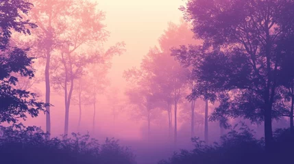 Fototapete Misty forest landscape at dawn with soft purple hues and silhouettes of trees in a serene atmosphere © Yana