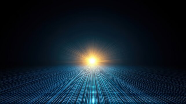 Bright glowing light on a digital blue grid with a dark background