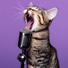 Gato Divertido Cantando al Micrófono Sobre un Fondo Morado Aislado