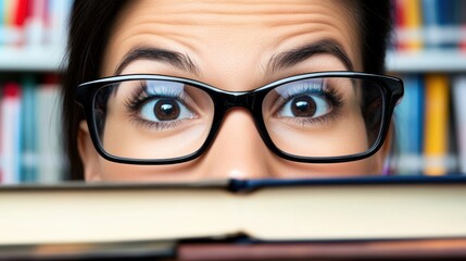Close-up of wide-open eyes behind black-framed glasses, peeking over a stack of books