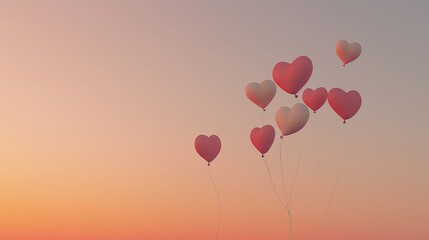 Fototapeta premium Colorful heart-shaped balloons floating in a serene sunset sky.