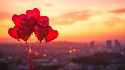Fototapeta premium Romantic heart-shaped balloons against a beautiful sunset skyline.