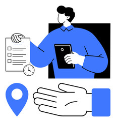 Person holding a checklist and tablet with a clock, location pin, open hand gesture. Ideal for project management, deadlines, organization, time management, navigation task tracking guidance. Line