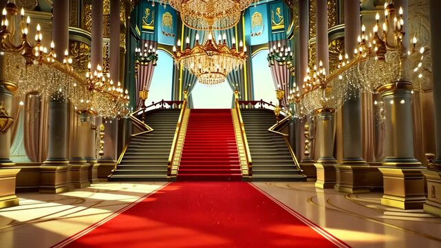 Grand Staircase to Success: A majestic grand staircase with a shimmering red carpet leads to a grand ballroom, evoking a sense of grandeur and anticipation.