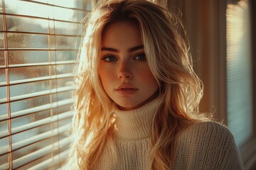 Portrait of a beautiful blonde woman with natural sunlight indoors