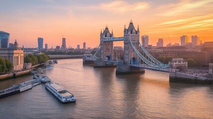 Tower Bridge at sunset over River Thames, London.