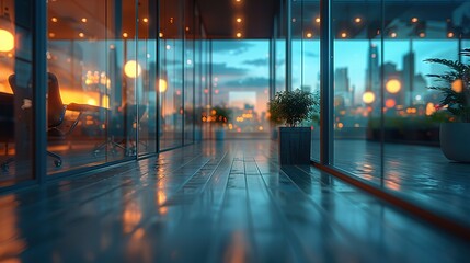 Modern office with city view at sunset. Glass walls and sleek design.