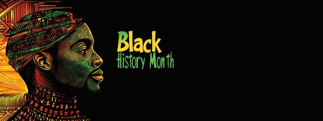 Black History Month banner with an African American man, text "Black History Month" in white font on a black background with a green, yellow, and red color palette Generative AI