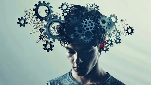Cognition and Complexity: A man's head is adorned with intricate gears, symbolizing the intricate workings of the human mind and the complex nature of thought.