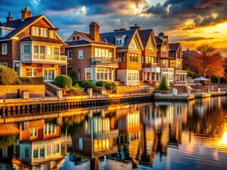 Fototapeta premium Stunning Bronx waterfront homes showcased in a dynamic slider shot, revealing breathtaking real estate details.