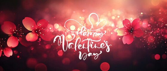 Romantic Valentines Day Background with Red Flowers and Sparkling Lights