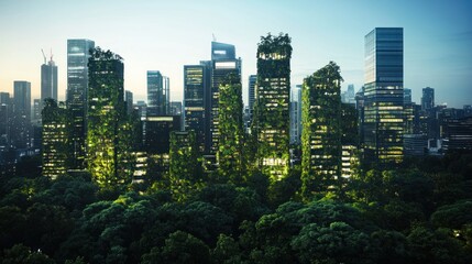 Obraz premium Eco-friendly futuristic city skyline at dawn, skyscrapers covered in lush greenery.