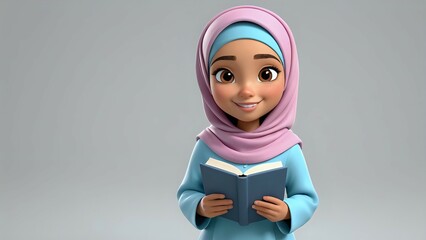 Cheerful cartoon girl in hijab holding book, 3D render. Perfect for educational, children's, or religious content.