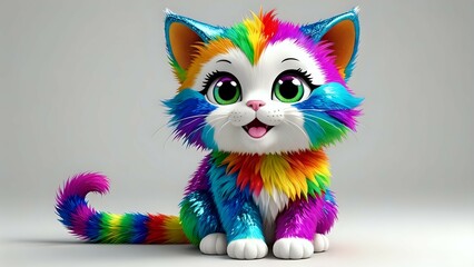 Adorable rainbow kitten, 3D render, fluffy fur, vibrant colors, playful expression, sitting pose, cartoon style, colorful tail, cheerful, whimsical, happy.