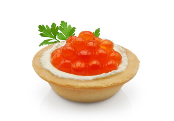 Delicious pastry tartlet with cream cheese and salmon red caviar isolated on white background