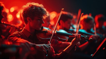 Fototapeta premium Violinist performs in red-lit orchestra.