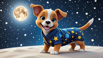 Adorable cartoon puppy in pajamas under a starry night sky and full moon. Perfect for children's books, websites, or apps.