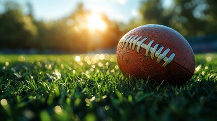 A close-up of a rugby ball on the grass.
