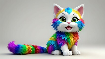 Adorable rainbow kitten, 3D render, fluffy tail, vibrant colors, playful, cheerful, happy expression, cartoon style, digital art.