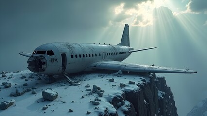 Wreckage of a crashed airplane on a desolate mountain peak surrounded by icy cliffs and dramatic skies, designed for survival-themed posters or disaster-awareness campaigns