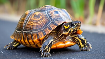 Fototapeta premium Colorful turtle walking on a pathway surrounded by greenery in a sunny outdoor setting