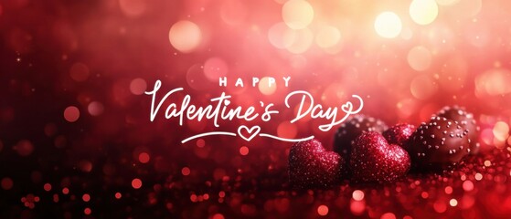Happy Valentines Day: Romantic Red Glitter Hearts and Chocolates