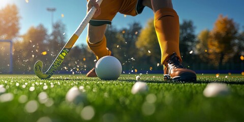 Intense focus Minimalist 3D field hockey player dribbling