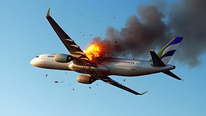 Commercial airplane breaking apart mid-air with flames and smoke against a clear blue sky, ideal for aviation disaster documentaries or action movie visuals