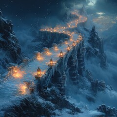 Fototapeta premium Snowy mountain bridge, lanterns glowing, night scene.
