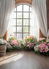 An arched window framed with flowing white curtains lets in natural light, creating a soft and airy setting. Flowers on the floor add a romantic and elegant touch